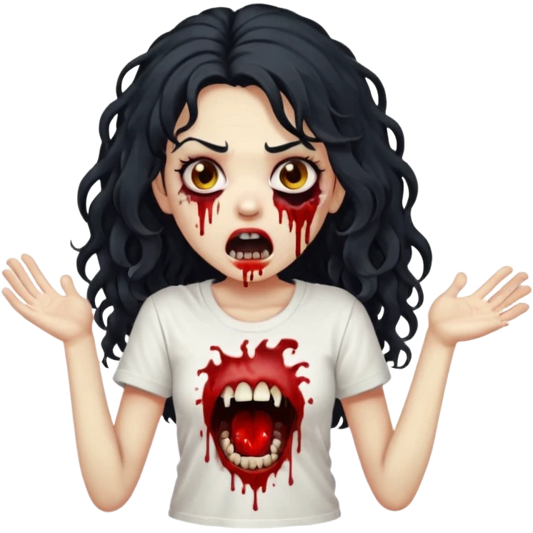 a zombie with long curly black hair volumoso, brown eyes, a white t-shirt and a splash of blood on her t-shirt, mouth open like a zombie emoji