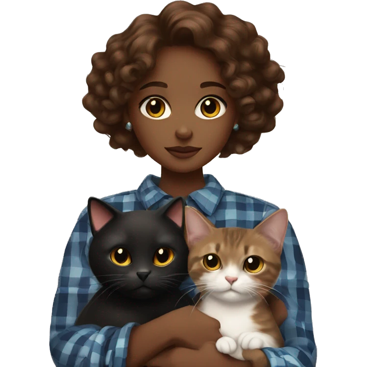 a brown skin girl with curly brown hair and cat eyes, holding a black cat that has a plaid collar emoji