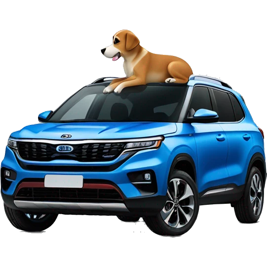 Dog sitting on a 2024 blue Kia seltos EX emoji