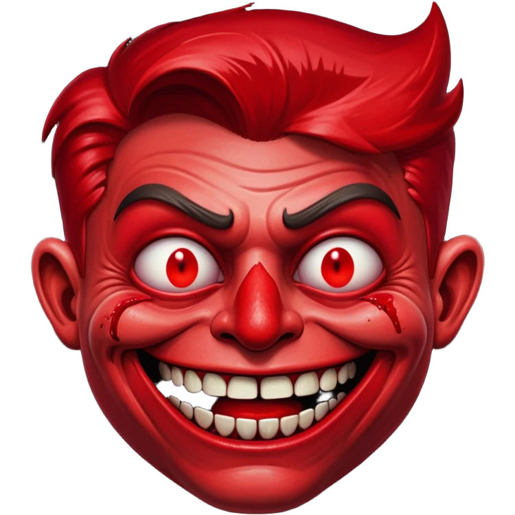 Rick Astley as red evil trollface killer with blood, injuries, organs, remains, bruises and scratches on the left side of the trollface and the background is black and red and the trollface is smiling emoji