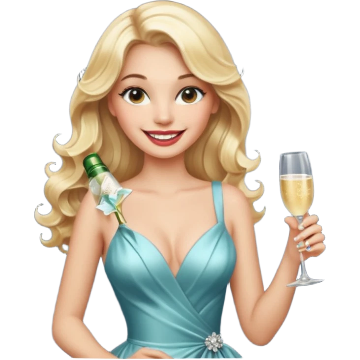 Glamorous blonde lady holding champagne bottle, long hair with makeup smiling  emoji