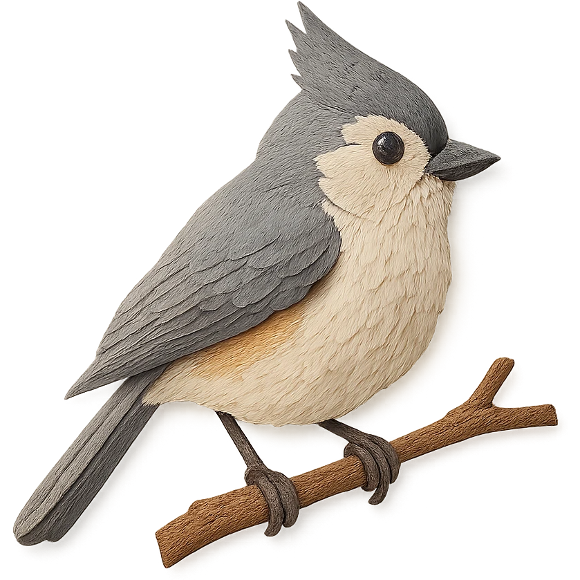 very detailed tufted titmouse perched on a tree branch, intricate cut paper textures, soft gray feathers, white belly, black forehead, expressive crest emoji