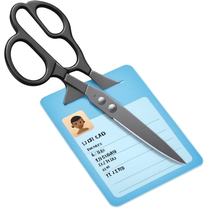 Floating black Scissors cutting a light blue military ID card in 2 parts .hyper realistic emoji