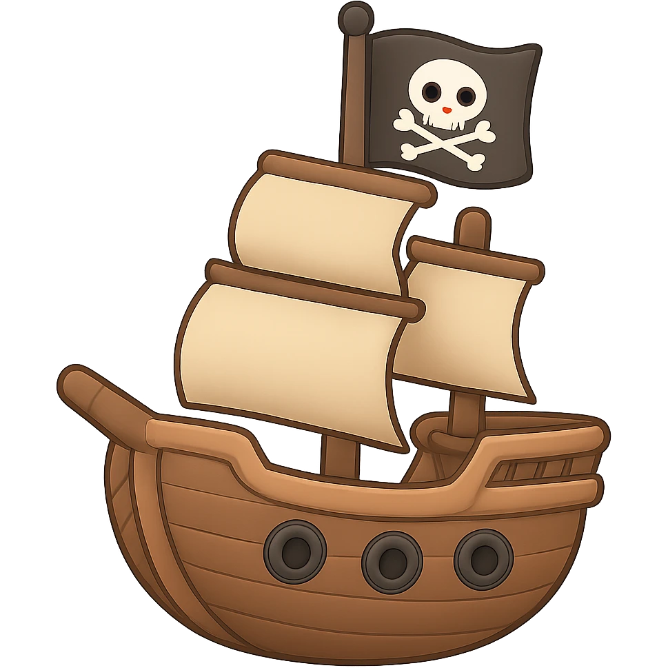 A cute pirate ship with sails, jolly roger flag, and wooden hull in a playful chibi style emoji