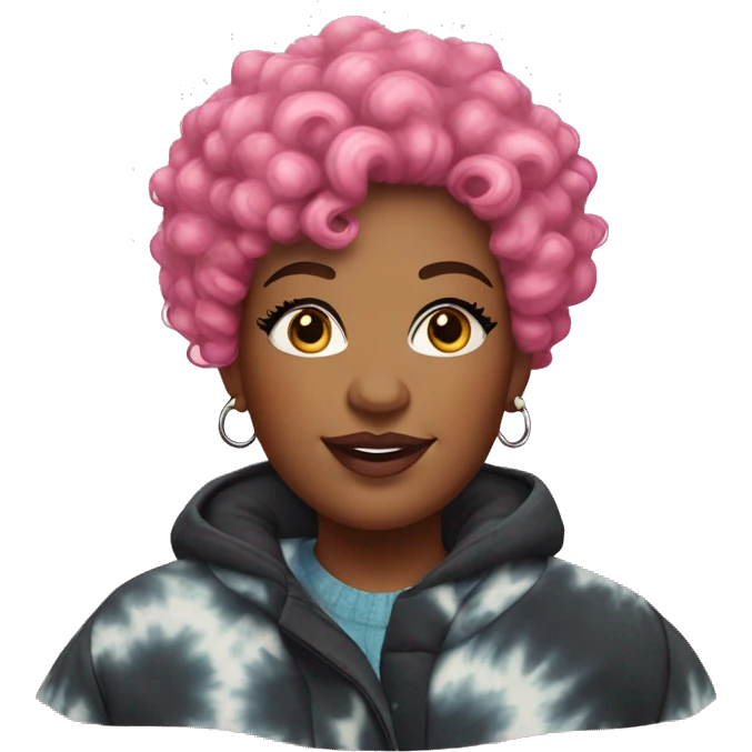 Plus size black woman with pink curly pixie cut hair and a tie dye winter coat  emoji