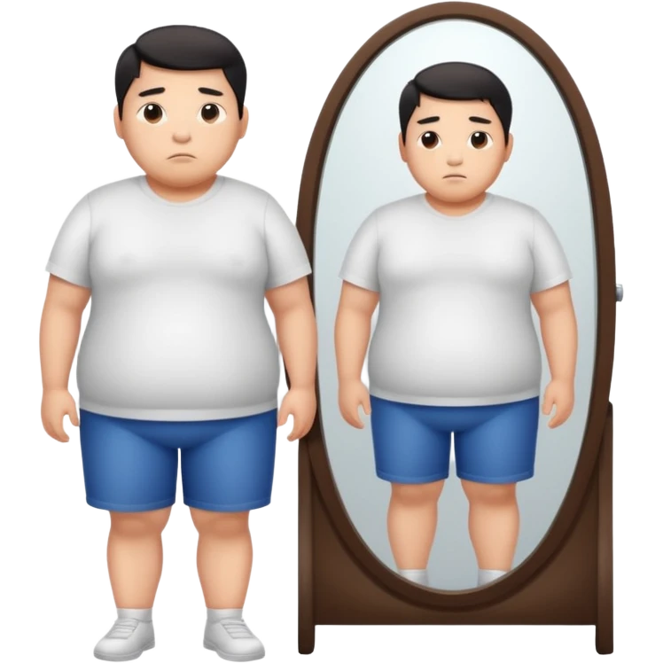 A young Asian guy looks sadly at his overweight body in the full-length mirror. emoji