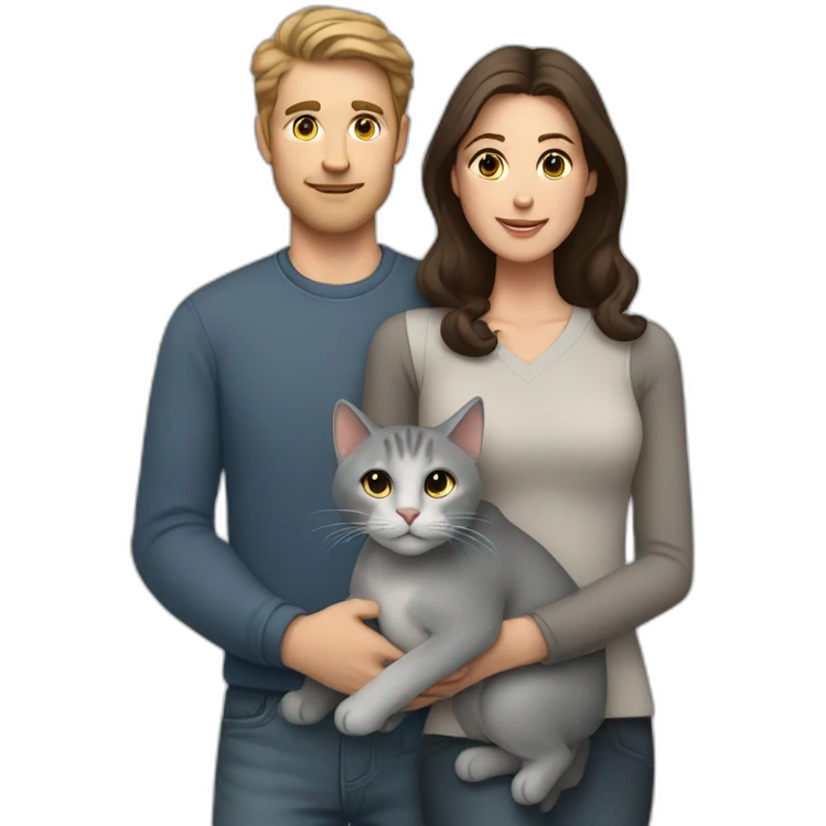 white man and brunette woman with a big gray cat in their arms emoji