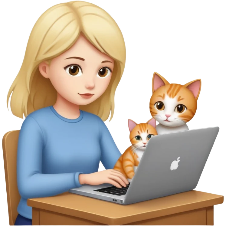A girl is working hard on a laptop with a cat next to it emoji