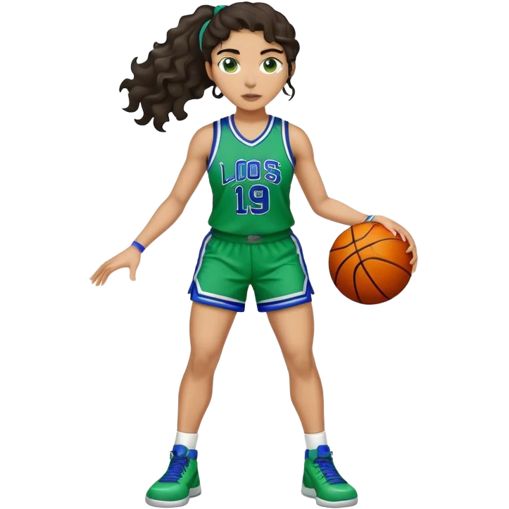 full body plus size light skin latino women basketball player with wavy dark hair large wide nose wearing blue with green uniform emoji
