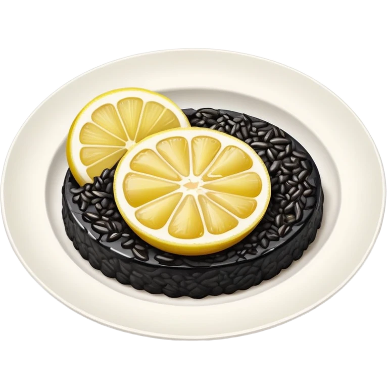 cinematic-realistic-black-risotto-dish,-showcasing-dramatic-lighting in a white plate with a single slice of grilled lemon on top emoji