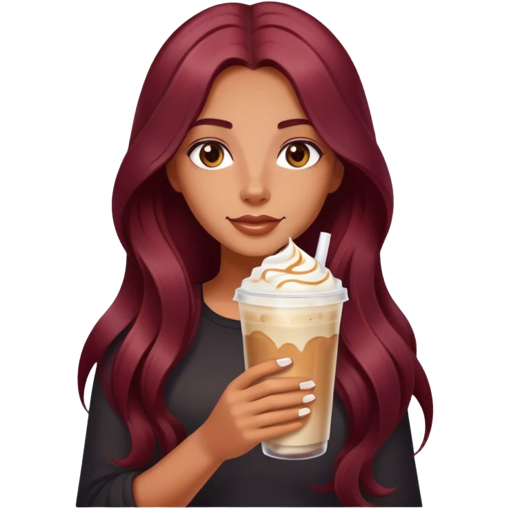 Burgundy long haired tanned girl with iced latte emoji