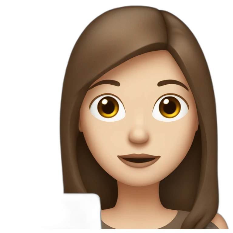 woman with pale skin and long brown hair behind a computer wearing a coffeecuphat emoji