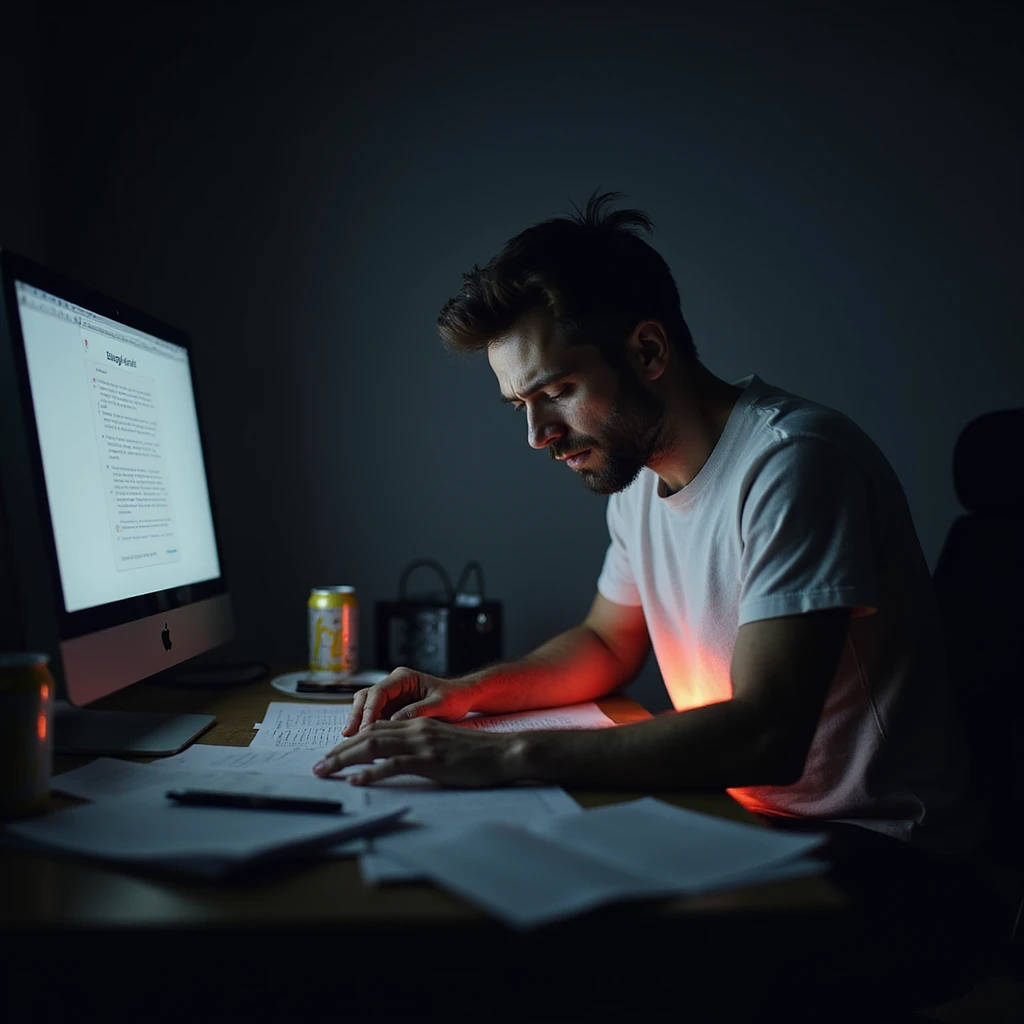 realistic man at desk late night, surrounded by paperwork and energy drinks, glowing computer, deep fatigue, dark circles, slouched posture, faint red glow on gut, moody burnout health risk visual emoji