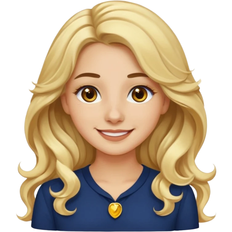 female with long wavy blonde hair, brown eyes, small gold nose stud, black eyeliner, navy blue blouse, emoji style, smiling emoji