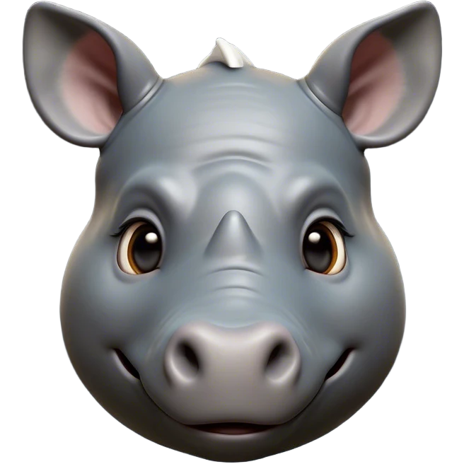 Cinematic Cute Rhinoceros Portrait Emoji, Head tilted playfully and inquisitively, featuring a rugged, glossy slate-gray hide with a gentle, rounded horn and round, sparkling eyes filled with curious wonder, Simplified yet irresistibly adorable features, highly detailed, glowing with a warm, friendly glow, high shine, affectionate and mighty, stylized with a touch of ancient charm, bright and endearing, soft glowing outline, capturing the essence of a mischievous yet loving rhinoceros, so playful it feels like it could stomp out of the screen and into your arms! emoji