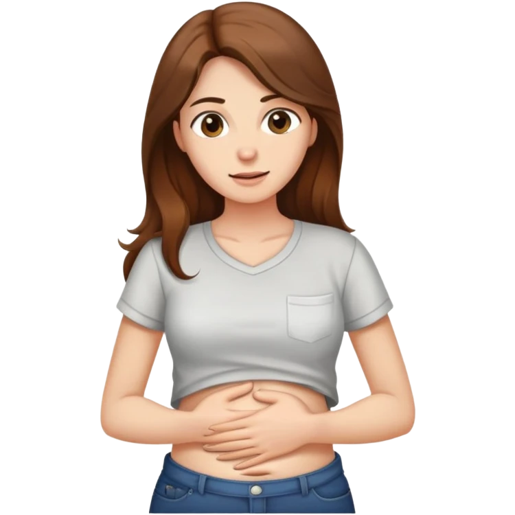 Crying woman with long brown hair rubbing stomach with shirt on emoji