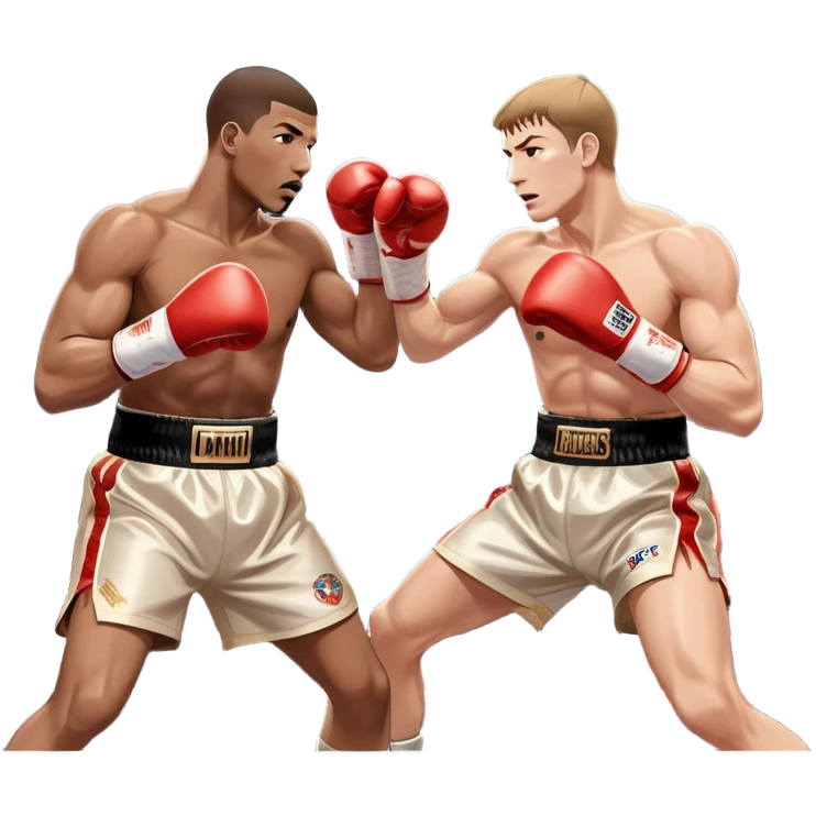 Two professional boxers in the ring, fighting for the world champion title. One delivers a long punch to the head, while the other skillfully dodges. The background features a crowded arena with bright lights and intense action. Transparent background emoji