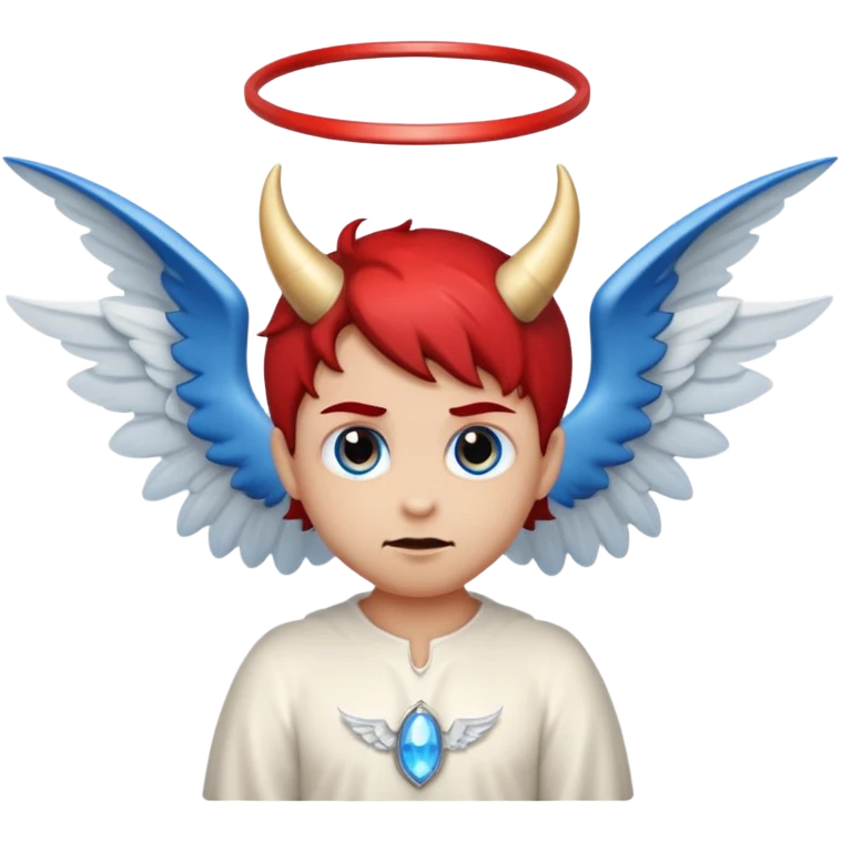 cartoon emoji left side angel with halo, blue eye, white wing, right side devil with horn, red eye, bat wing, both expressions visible emoji