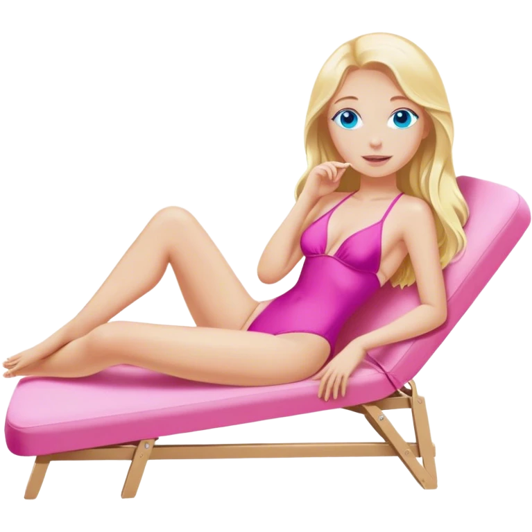  realistic blonde with long hair and blue eyes is lying on a chaise longue in a pink swimsuit, sunbathing in the sun emoji