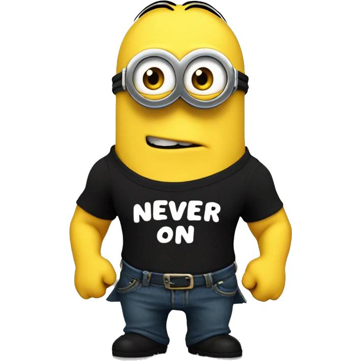 A buff minion wearing a black t shirt top with the words “never goon” on the shirts chest area emoji