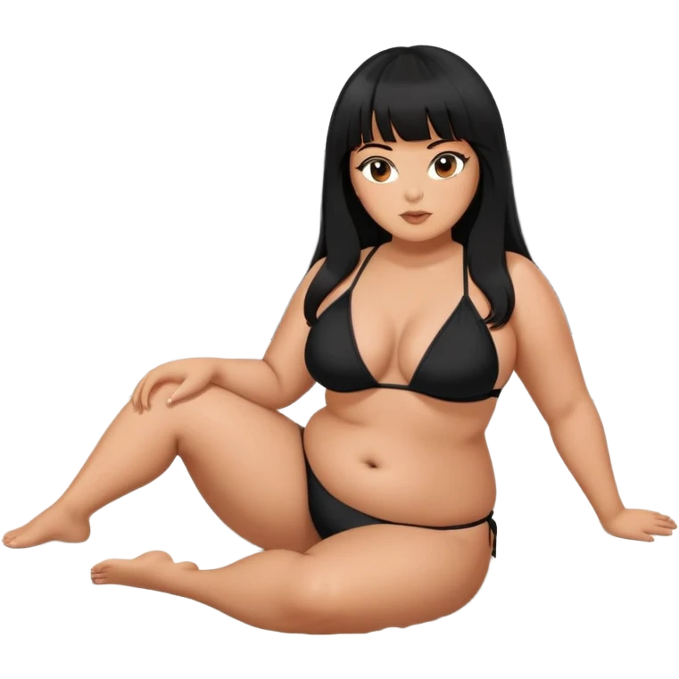 Plus size Latina female with bangs black long hair with black bikini sitting on a bed emoji
