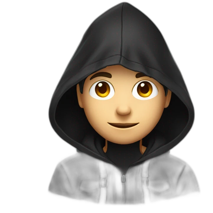 Young gamer with a black hood behind his computer emoji