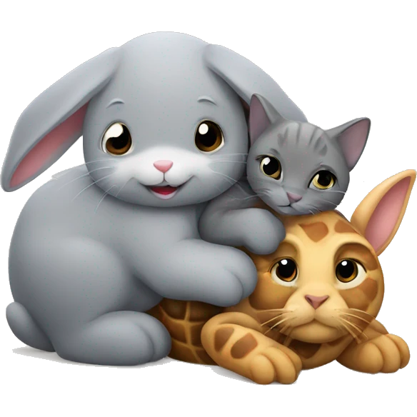 a grey bunny cuddling with two tortoise cats  emoji