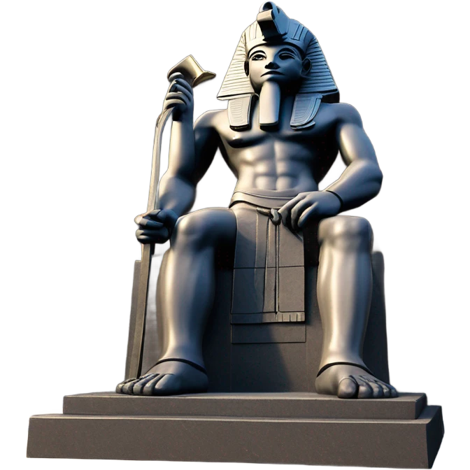 Osiris crook and flail obsidian statue on granite 30 ton brick, massive size, sunlight behind, sunset colors, reflections on black stone polished clean perfect, photography angles emoji