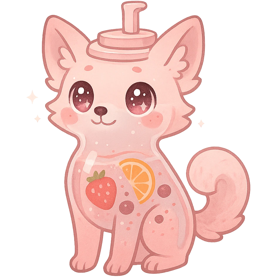 full-body pastel pink blender fox hybrid with transparent body showing fruity smoothie inside, sparkling eyes, transparent background emoji