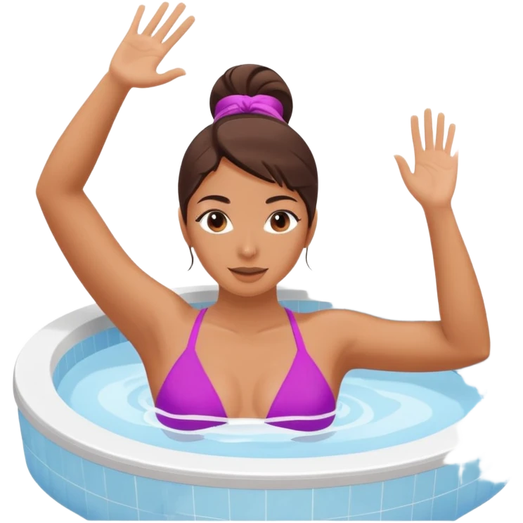 Woman in hot tub with one arm up in the air and other hand gripping the jacuzzi edge emoji
