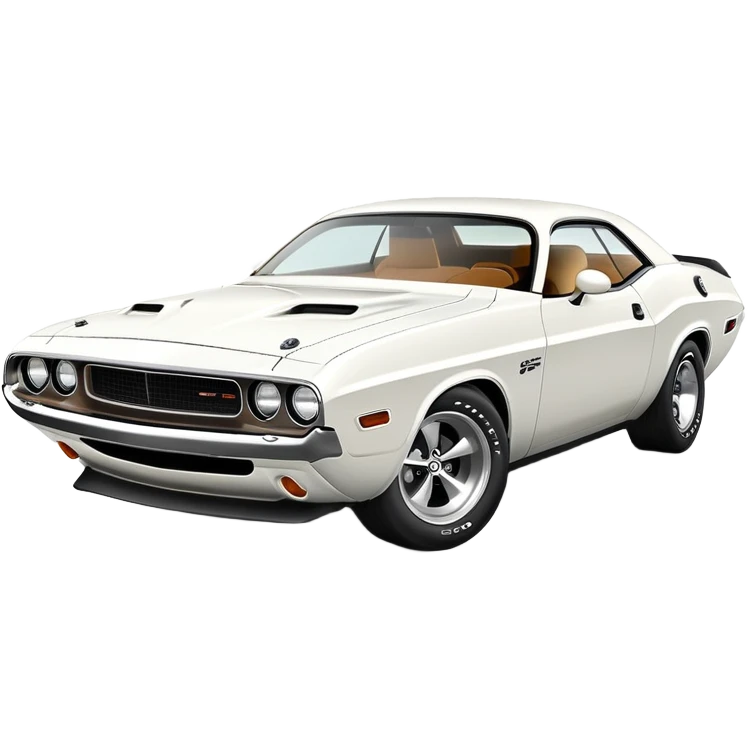 White 1971 Dodge Challenger with precise structure and proportions, consistent 30-degree angle view, showing detailed front fender and side profile, pure white color, iOS emoji style emoji