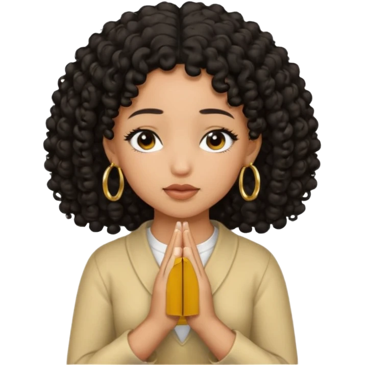 brown girl praying black curly hair and black eyes closed with gold hoop earrings emoji