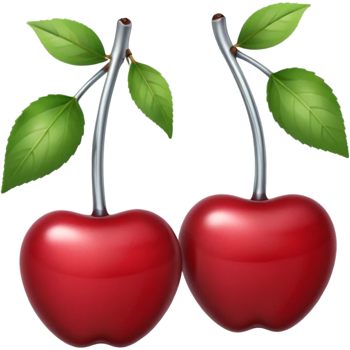 A pair of cherries emoji made of polished silver chrome, smooth rounded shapes, glossy metallic finish, soft highlights and reflections, cute proportions, iOS emoji style, centered, clean white background, no text emoji