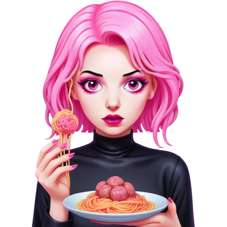 pop art goth neon Monalisa holding Melted pink gooey spam meat ball spaghetti  emoji