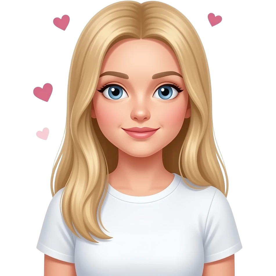 bella ragazza russa bionda capelli lisci lunghi e occhi chiari, con maglietta bianca. innamorata con i cuoricini emoji