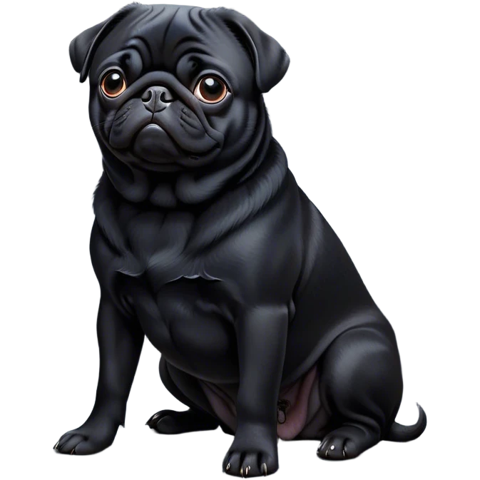 Cinematic Noble Black Pug Portrait Emoji, Poised and regal, with a compact, sturdy build and a sleek, shiny pure black coat, deep-set soulful dark eyes, Simplified yet sharp and sophisticated features, highly detailed, glowing with a soft, dignified glow, high shine, intelligent and spirited, stylized with an air of confidence, focused and attentive, soft glowing outline, capturing the essence of a watchful and commanding companion, so majestic it feels as though it could prance out of the screen with effortless authority! emoji