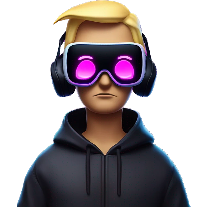 Donald Trump wearing a black hoodie with "OMG" letters on it and VR headset oculus quest 2 in a cyberpunk VR environment with violet neon lighting. emoji