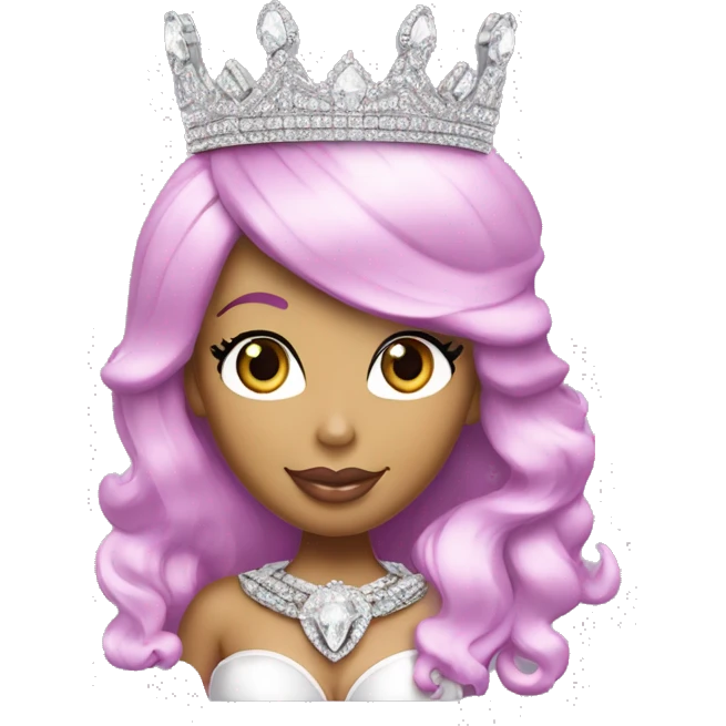 Nicki Minaj with a crown on and a diamond chain that says “queen”. Her crown is sparkly and silver tiara emoji