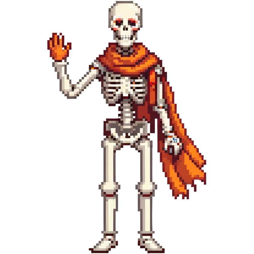 Papyrus from Undertale, tall skeleton with a red scarf, white body armor, orange-red gloves, enthusiastic expression emoji
