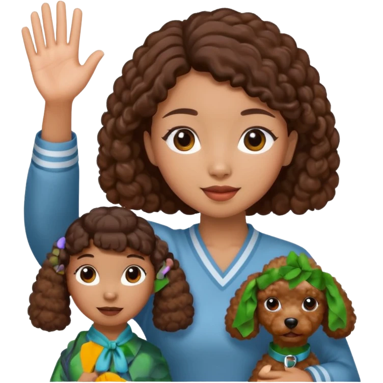 Asia tie up hair girl with brown poodle say good bye emoji