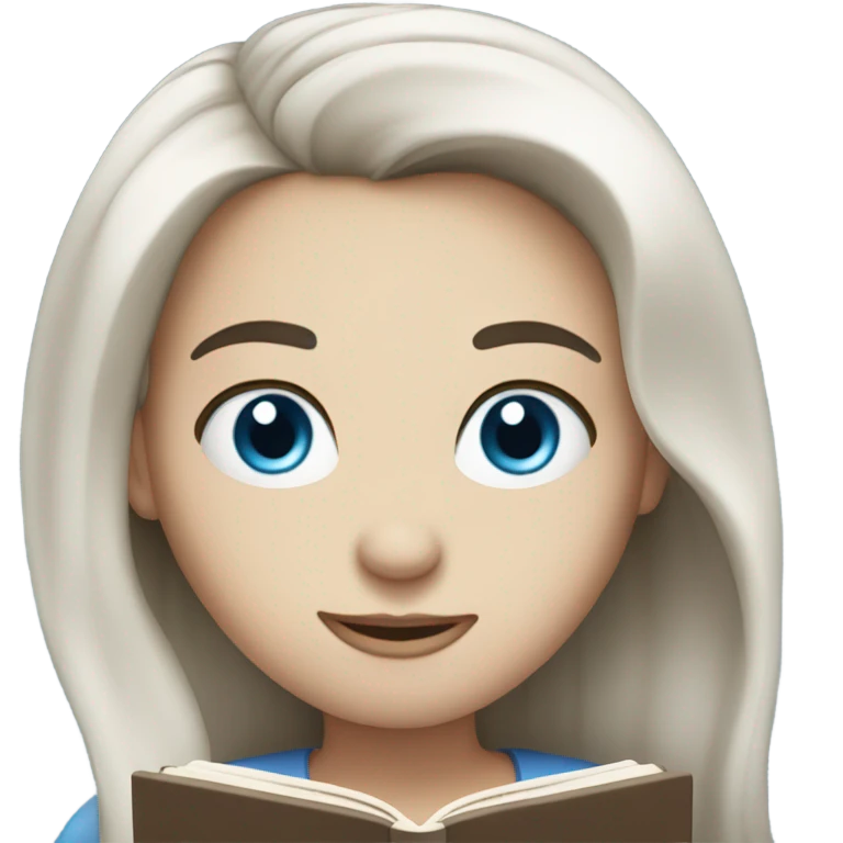 White skin with long dark hair, blue eyes, reading a book emoji