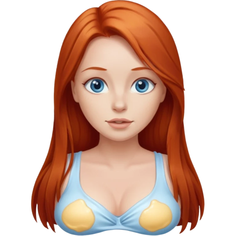 A red head with long straight hair, she has blue eyes with big boobs leaking breastmilk emoji