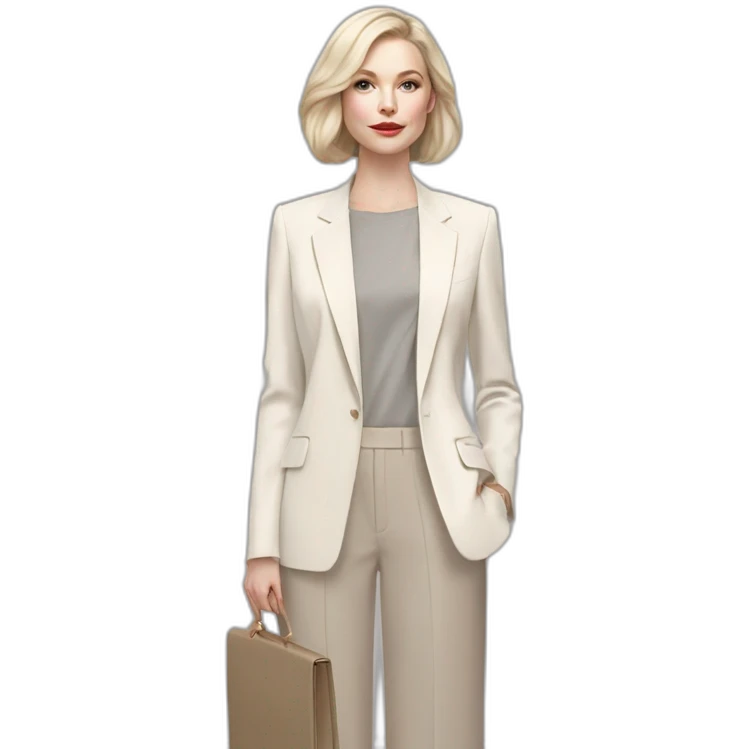 pale skin woman with ash blonde Straightened bob Hair, White Spacious classical jacket, beige palazzo Arrow pants and gray blouse holding RAL colour palette in the hands emoji