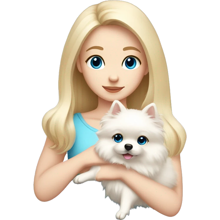 Blond girl white skin blue eyes hugging white Pomeranian with light pink bow emoji