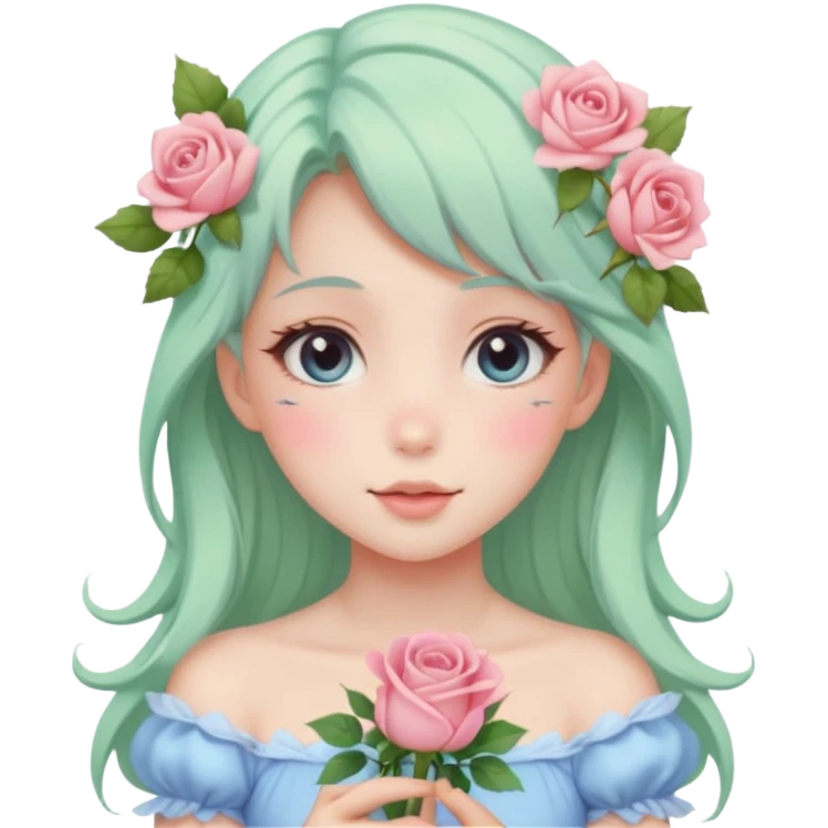 gorgeous pastel anime style lady with blushing face and roses cottagecore fairy emoji