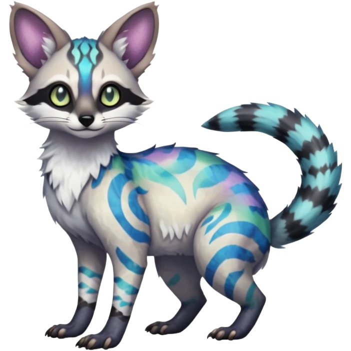 Rare iridescent white beautiful pretty realistic exotic epic aesthetic colorful Trico-Genet-species-Fakemon-hybrid-creature, with intricate tattoo markings, full body emoji