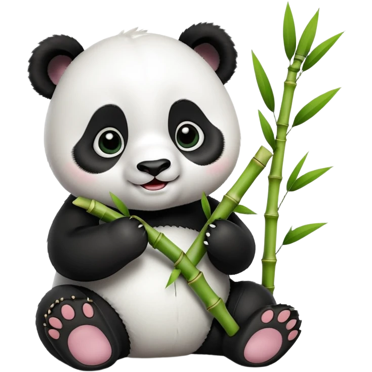 A 3D baby panda sitting and happily eating bamboo, big shiny eyes, cute and cartoonish style, soft lighting, high quality emoji