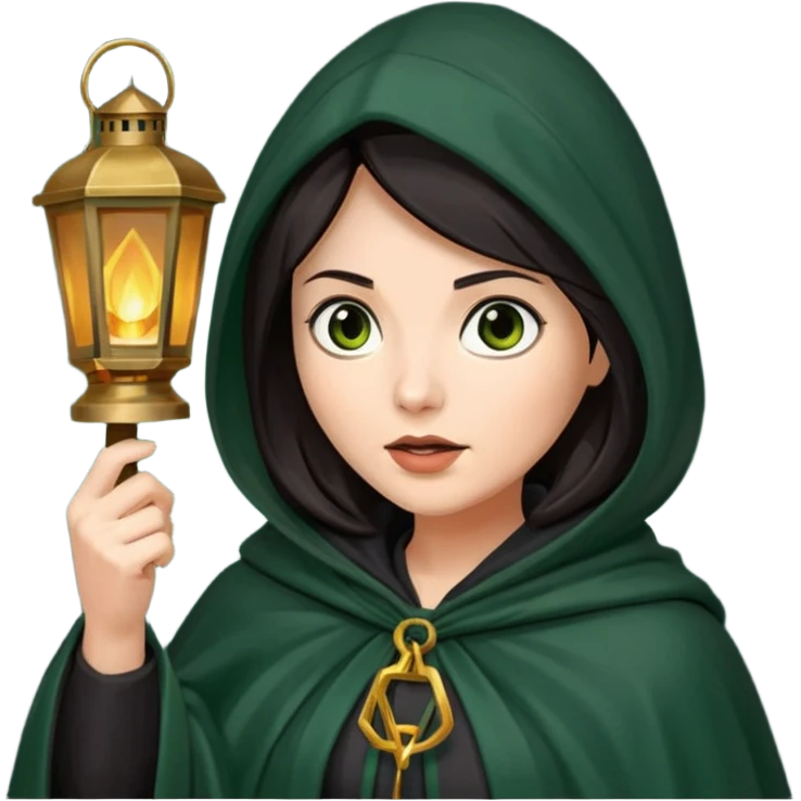 traitor tv show, dark haired woman wearing dark green cloak with hood up who looks very evil and is holding up a lantern emoji