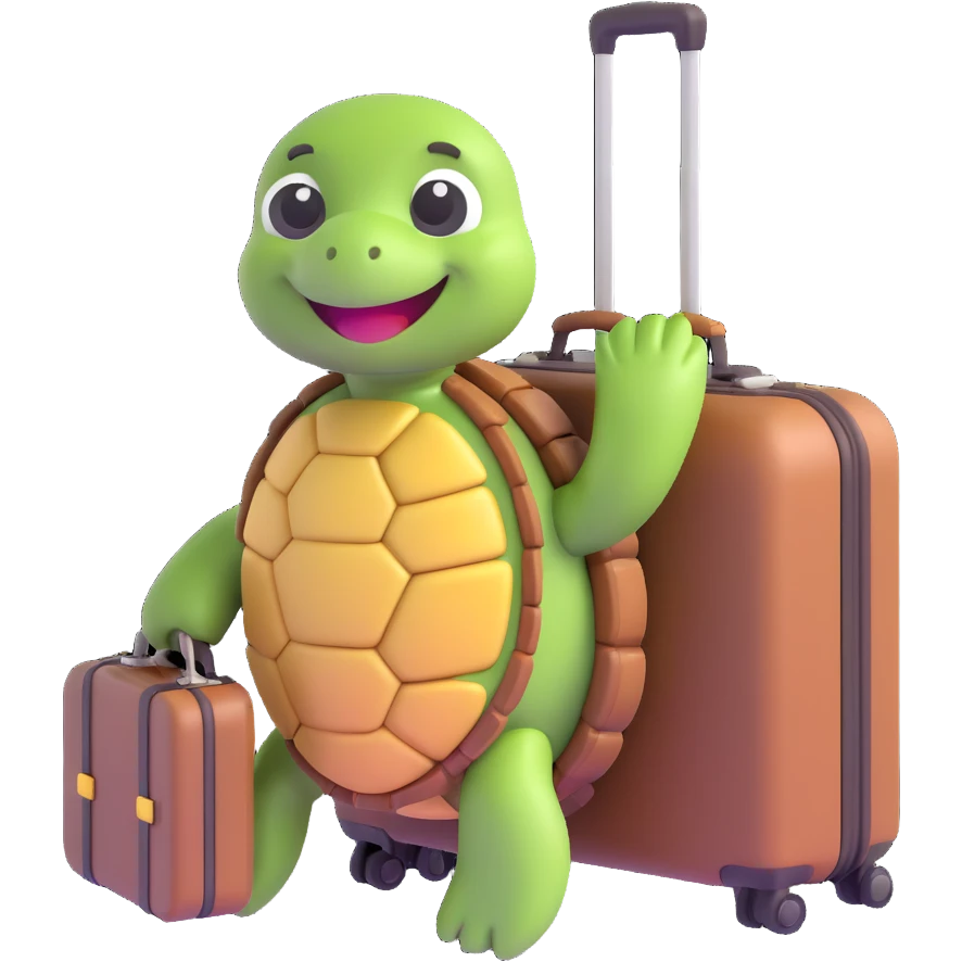 tortue qui part en voyage, style 3D emoji, avec valise, sourire emoji