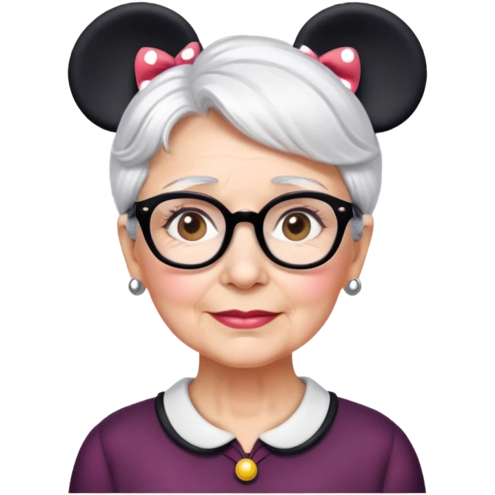Older woman Hazel eyes short White hair wearing glasses Minnie mouse ears emoji